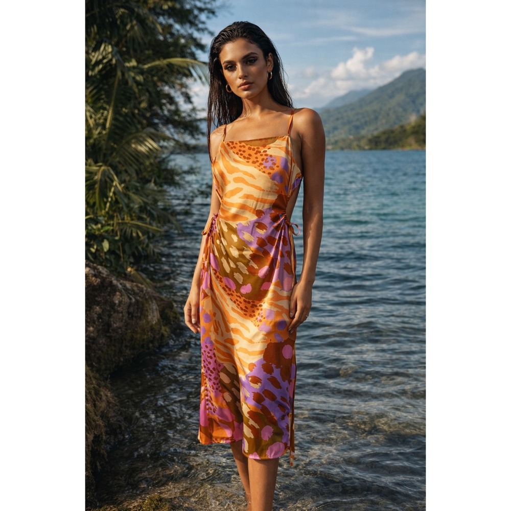 Christian Lacroix Silk Feel Printed Midi Dress NWT‎ Size XS Luxury Resort Style